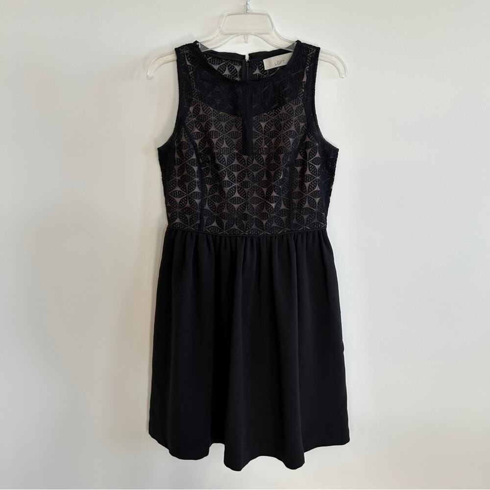 ✨ LOFT Black Sleeveless Crewneck Floral Lace Lined Bodice A-Line Dress Size 6